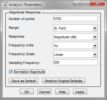 Analysis Parameters window, containing a Magnitude Response box. This box lists the following parameters from top to bottom: Number of points, range, response, frequency units, frequency scale, sampling frequency, and then, the Normalize Magnitude checkbox.