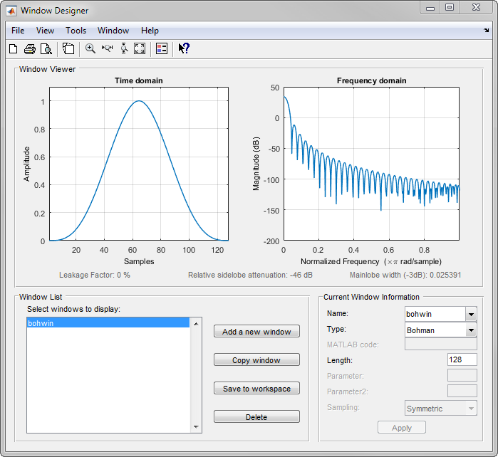 Windows Designer app, showing a 128-sample Bohman window in the time domain, on the top left, and frequency domain, on the top right.