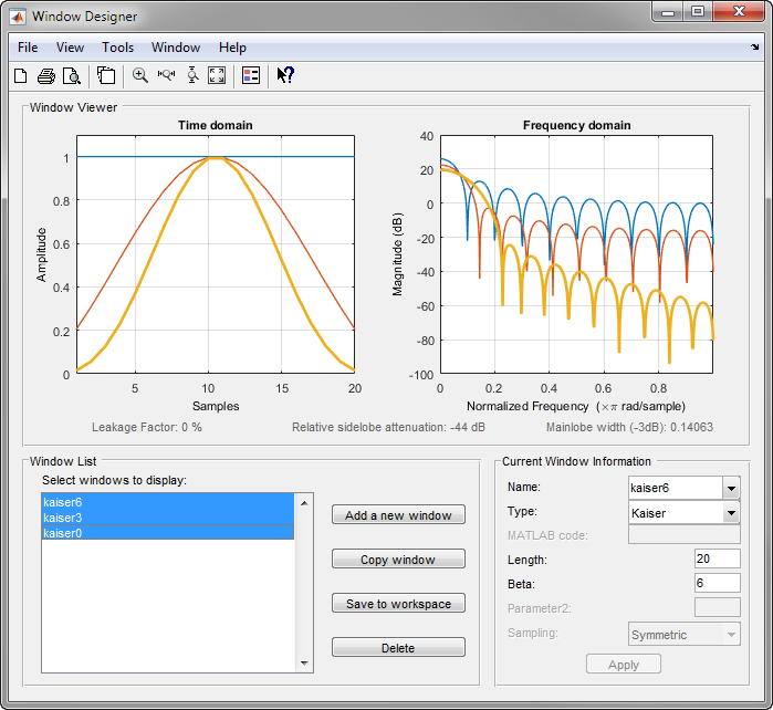 Windows Designer app, showing Kaiser windows with Beta parameters set to 0, 3, and 6. The windows are shown in both the time and frequency domains.