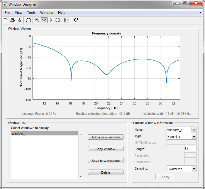 Frequency-domain representation of a Hamming window in Windows Designer app, zoomed-in across the x-axis