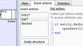 Event actions tab highlighted for an Entity Queue block.