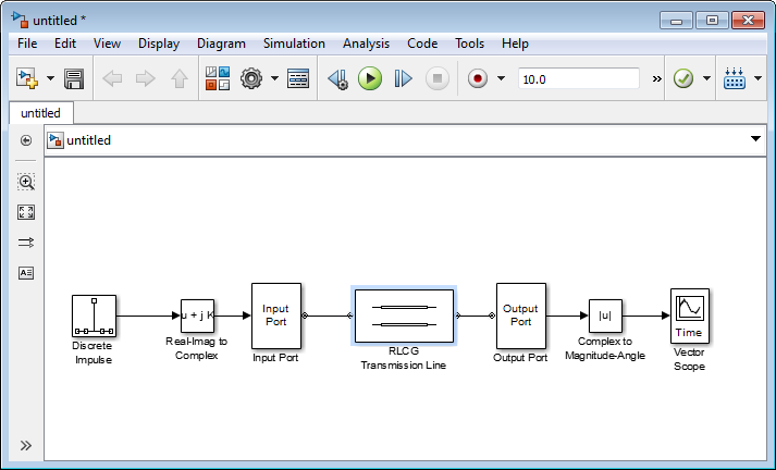 Connect the following blocks in series: Discrete impulse, Real-Imag to complex, Input port, RLGC Transmission line, Output port, Complex to magnitude angle, and vector scope.