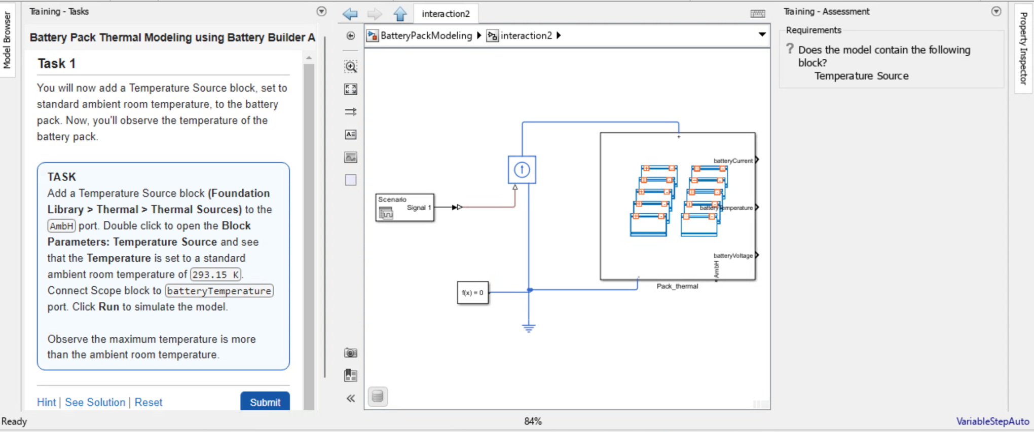 Battery Pack Modeling describes the task, displays an interactive model, and assesses whether the model matches the requirements set by the training.