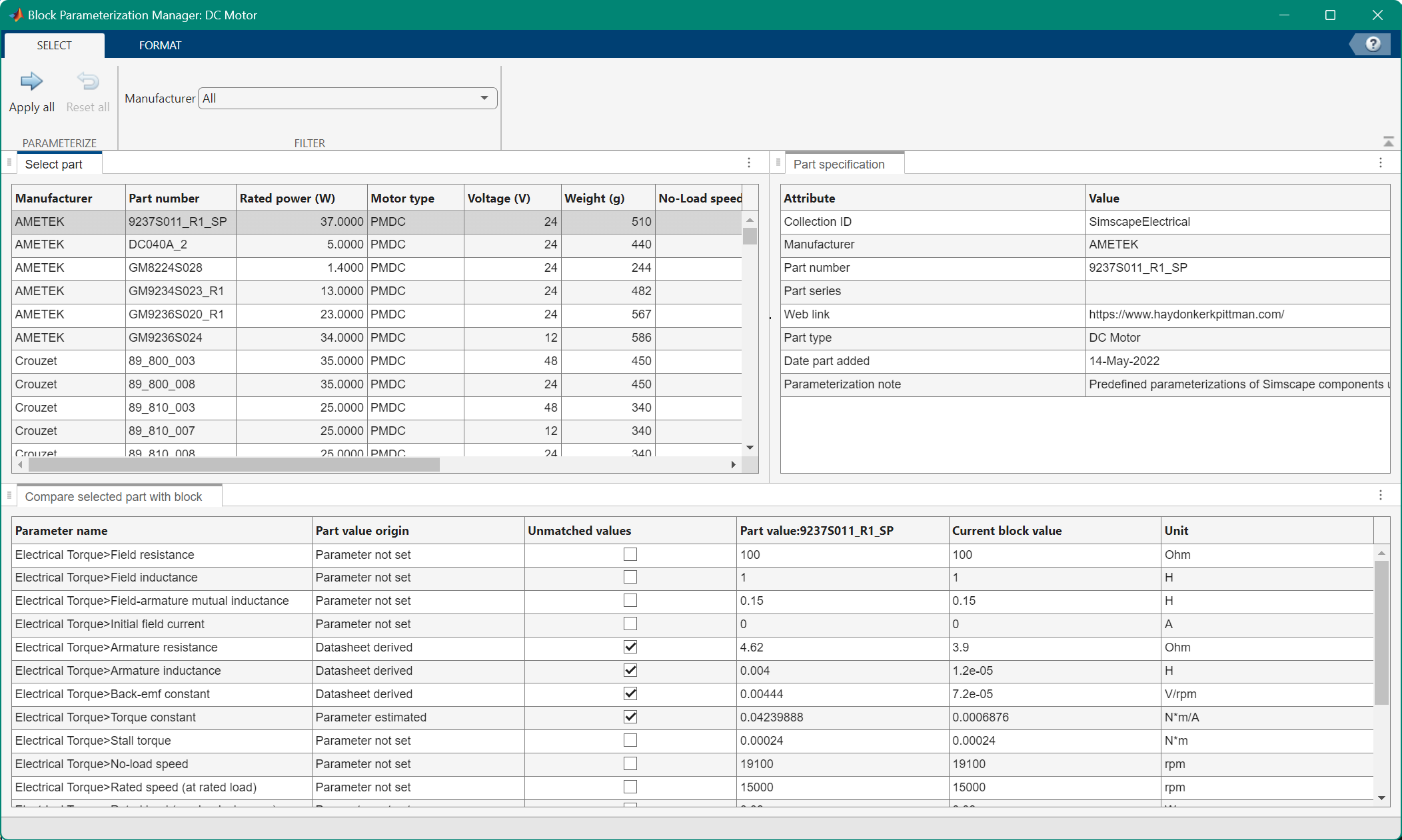 Block Parameterization Manager window for the Generic Engine block.