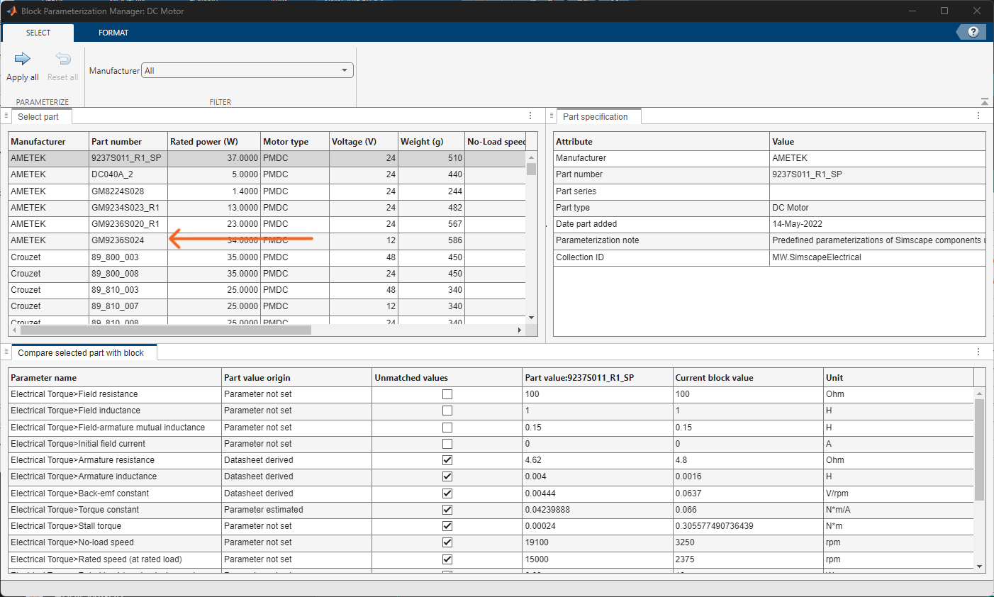 Block parameterization manager tool window with arrow indicating AMATEK part GM9236S024.