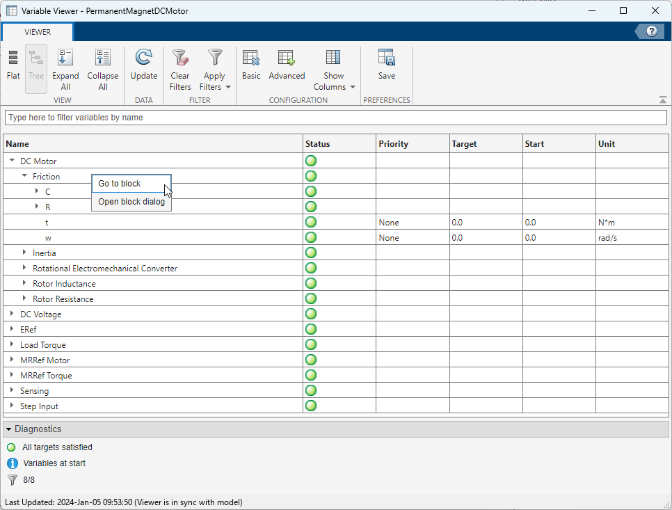 Variable Viewer app window with DC Motor and Friction nodes expanded. The context menu for the Friction node is open and the Go to block option is highlighted.