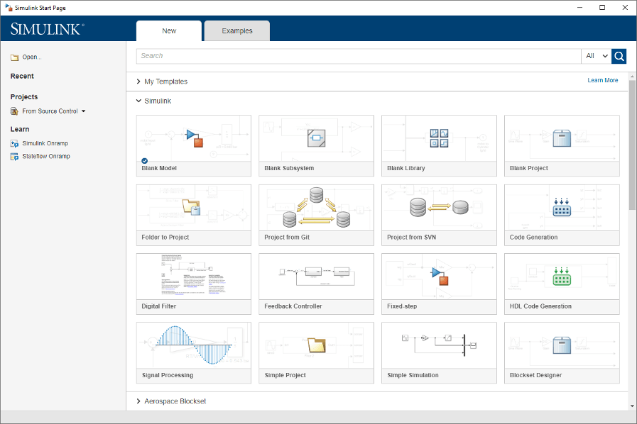 The Simulink start page has two tabs, New and Examples, from which you can open a new template or an example.