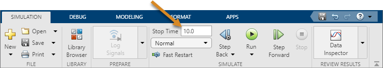 Simulation stop time is displayed on the Simulation tab of the toolstrip