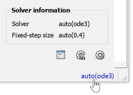 The Solver information window shows that the software chose the ode3 fixed-step solver and a fixed step size of 0.4 for this simulation.
