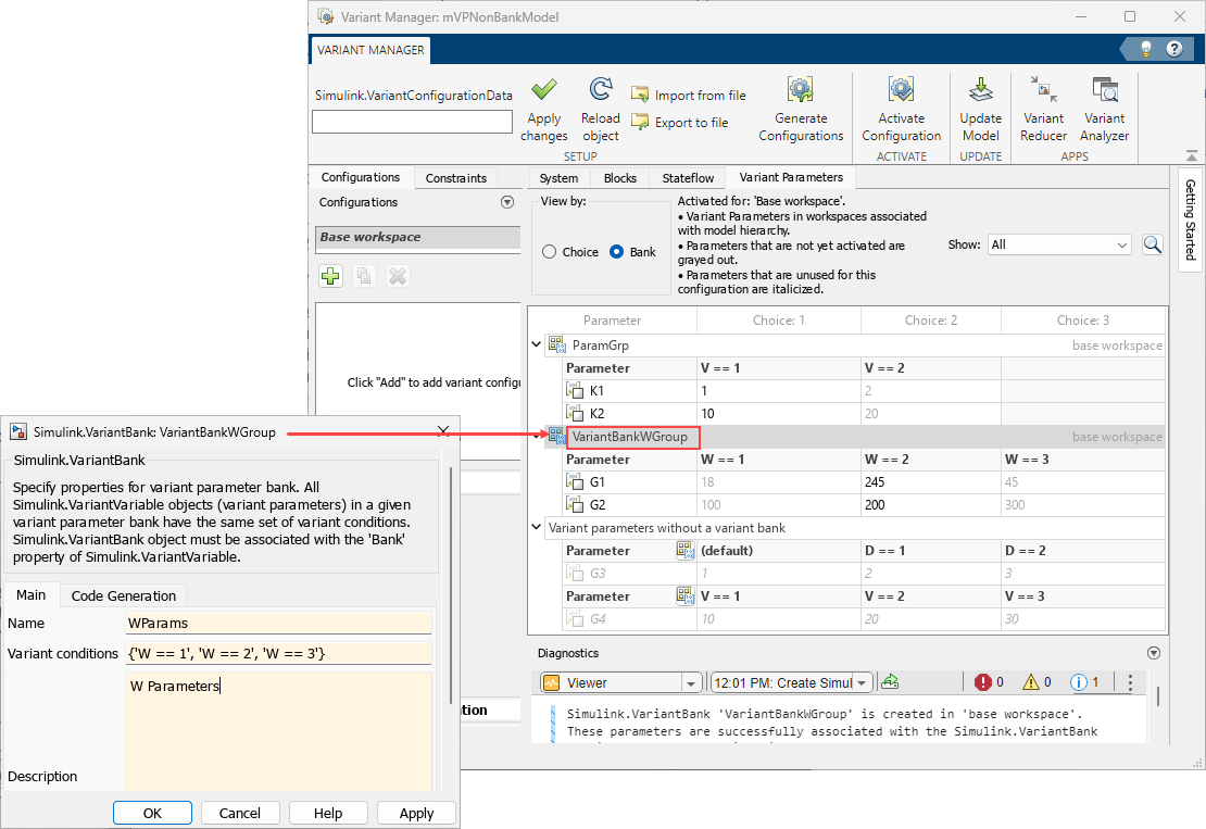 Simulink.VariantBank dialog box shows options to provide a name and description for the parameter bank structure. The updated Variant Parameters tab shows the newly created bank.