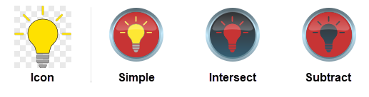 Three Lamp blocks, each configured for one of the three ways you can combine the shape and icon: simple, intersect, or subtract.