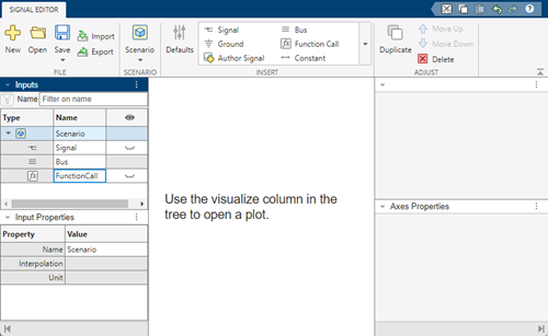 Signal Editor with Scenario containing Signal, Bus, and FunctionCall