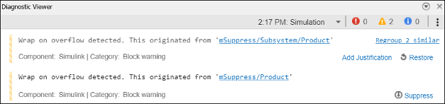 Diagnostic Viewer showing a suppressed diagnostic with buttons to add a comment or restore.