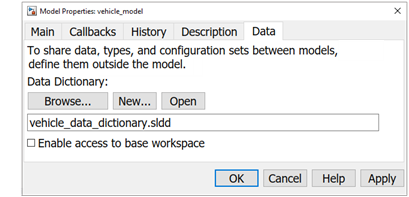 Model Properties window for the vehicle_model variable with the file name text field filled in with the name vehicle_data_dictionary.sldd