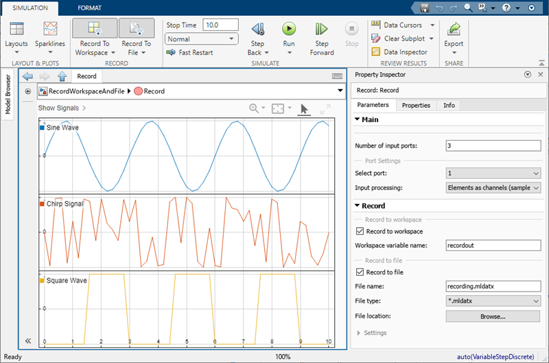 A model opened to view data logged by a Record block with the block parameters visible in the Property Inspector.