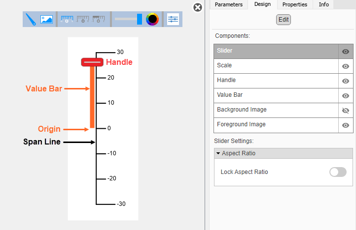 Vertical Slider block in design mode with the toolbar and the Design tab in the Property Inspector visible.