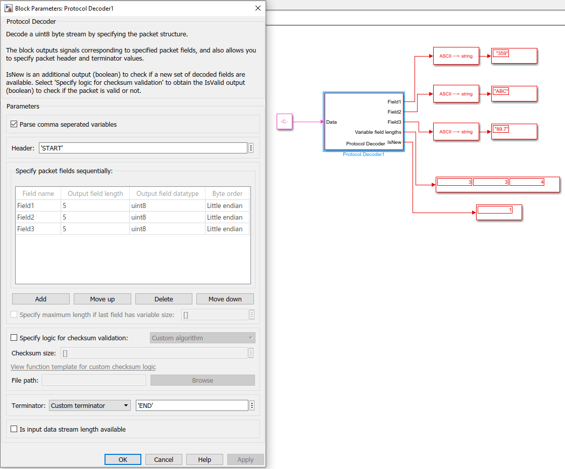 Entries for various parameters in block and output