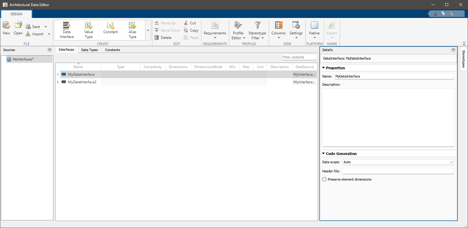 The standalone Architectural Data Editor with an interface selected. The Code Generation section includes the Data scope property Auto.