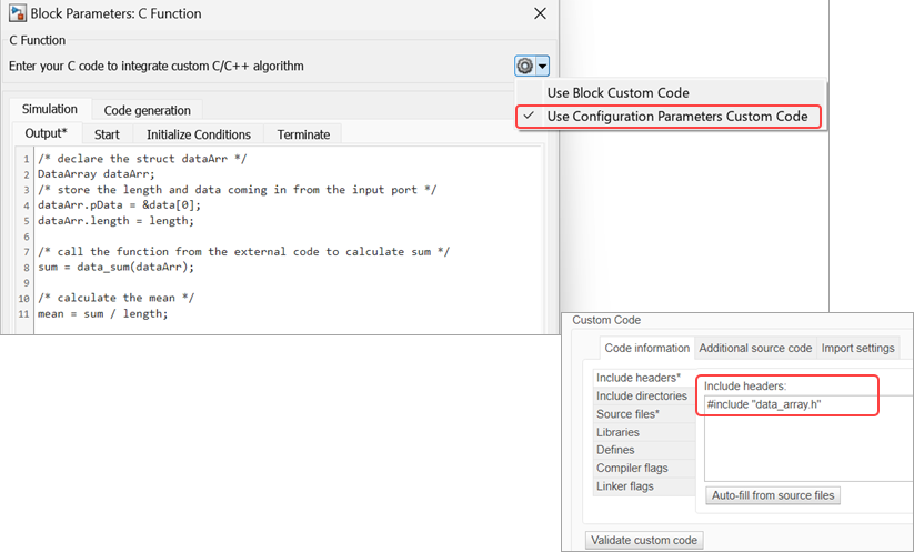 Specify custom header file in model Configuration Parameters dialog box. The following text is entered in the field: #include "data_array.h".