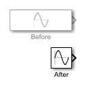 A Sine Wave block before and after contracting to the right by a factor of three.