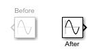 A Sine Wave block before and after rotating from 270 degrees clockwise back to its default orientation.