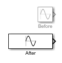 A Sine Wave block before and after stretching to the left by a factor of three.