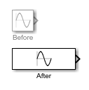 A Sine Wave block before and after stretching to the right by a factor of three.