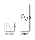 A Sine Wave block before and after stretching up by a factor of three.