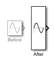 A Sine Wave block before and after stretching about its vertical middle by a factor of three.