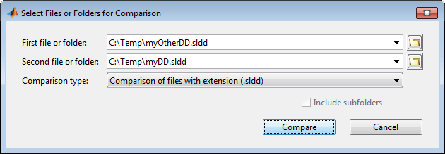 Select Files or Folders for Comparison dialog box. Two data dictionaries are selected for comparison. The Comparison type is set to "Comparison of files with extension (.sldd)".