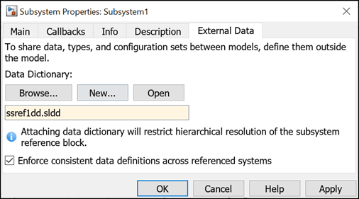 View of Subsystem Properties of ssref1. Data dictionary ssref1dd.sldd is added using the External Data tab.