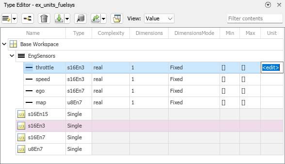 Type Editor with the Unit value selected for an element of the EngSensors bus object