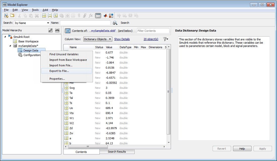 Context menu of Design Data node displayed with Export to File menu item selected