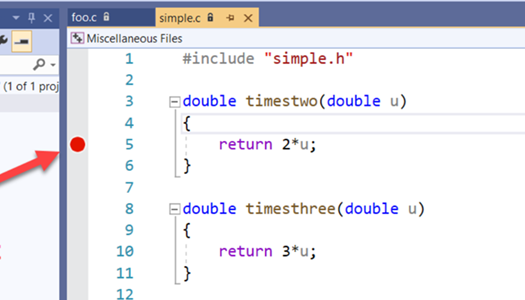 External debugger with C code, breakpoint being set in code.