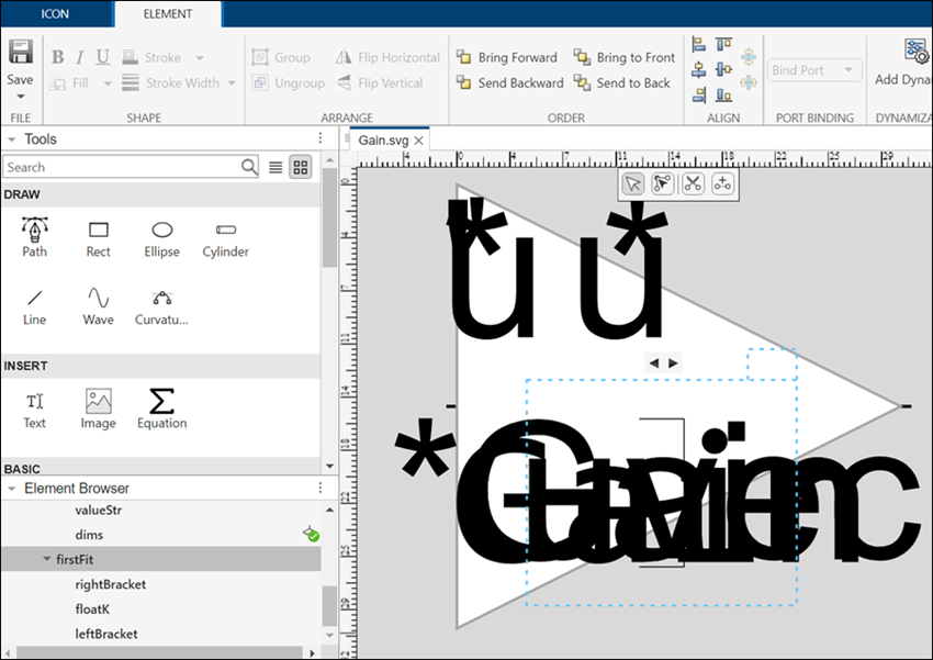 Mask Editor showing Gain block with four elements grouped under a first-fit element.