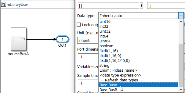 On the left, the model canvas displays a library block used in a model. The Out block is selected. On the right, a block parameters dialog box displays the dictionary data types in the drop-down menu for Data type.