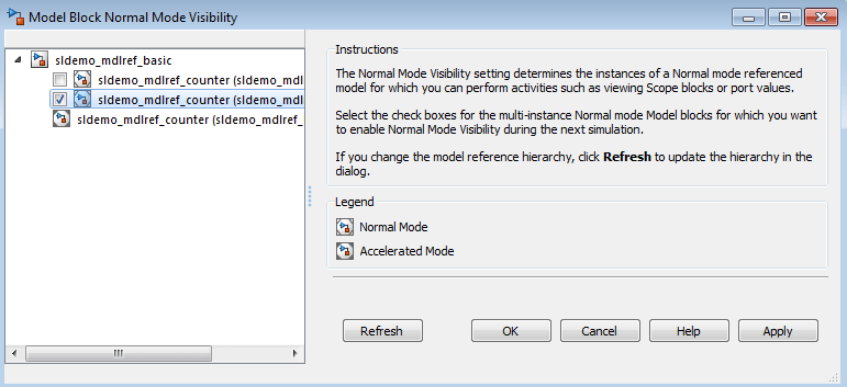 Model Block Normal Mode Visibility dialog box with a model instance selected