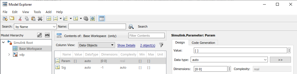 View of the Model Explorer. In the Model Hierarchy pane on the left, the Base Workspace node is selected. In the Contents pane, in the middle, a Simulink Parameter object is selected. In the Dialog pane on the right, the object property dialog box is displayed.