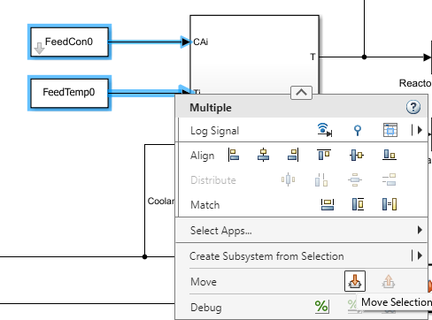 In the block diagram, two blocks connected to a subsystem are selected. The context menu is open with Move highlighted.