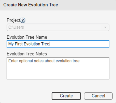 Create New Evolution Tree dialog box.