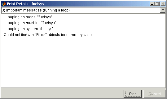 Print Details dialog box showing status messages, for example "Could not find any "Block" objects for summary table"