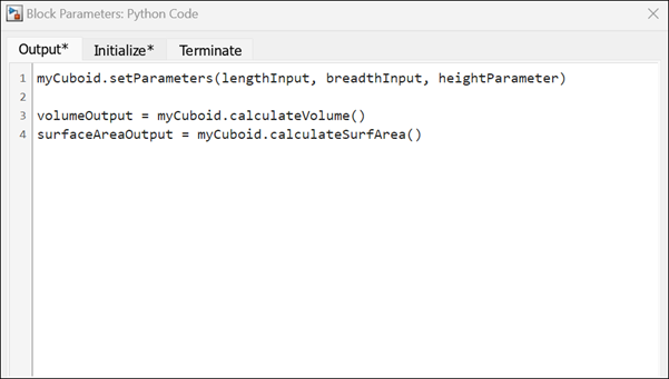 Output code pane of the block