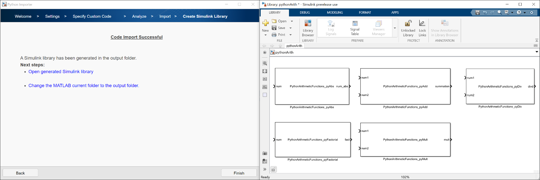 Python Importer successful code import window