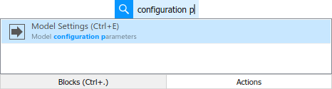 The search result for "configuration p" is the Model Settings toolstrip item.