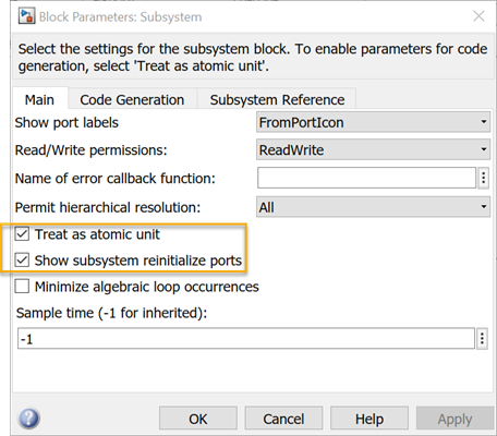 Subsystem block parameters dialog box. Parameters 'Treat as atomic unit' and 'Show subsystem reinitialize ports' are highlighted.