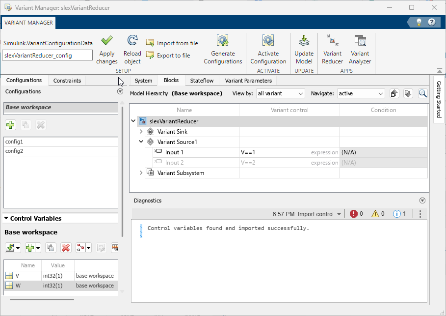 Variant Manager window for the model