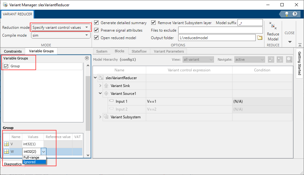 Variant Reducer dialog box with Reduction mode specified as Specify variant control values.