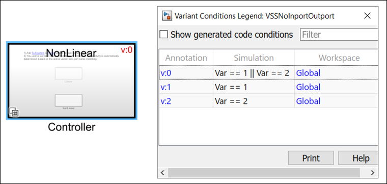 Variant Subsystem with no inports and outports