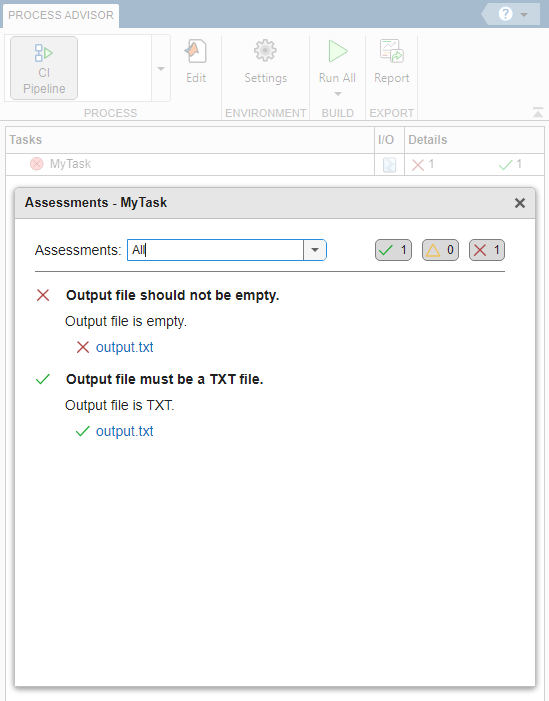 Assessments dialog for MyTask showing passing and failing assessments on the file output.txt