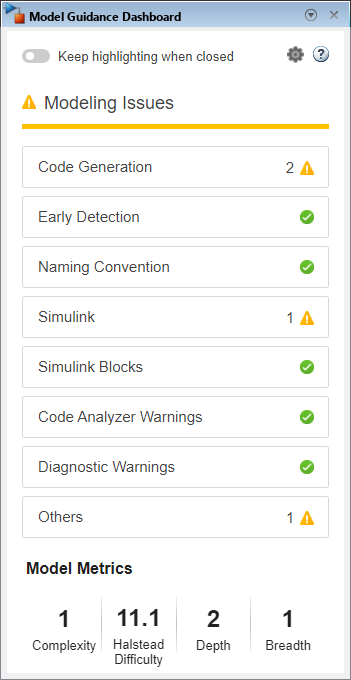 Model Guidance Dashboard with model metric results.